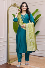 Blue Solid Embroidered Silk Kurta with Pant