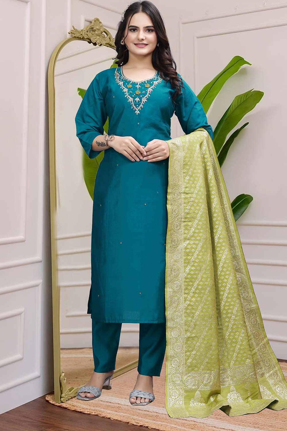 Blue Solid Embroidered Silk Kurta with Pant