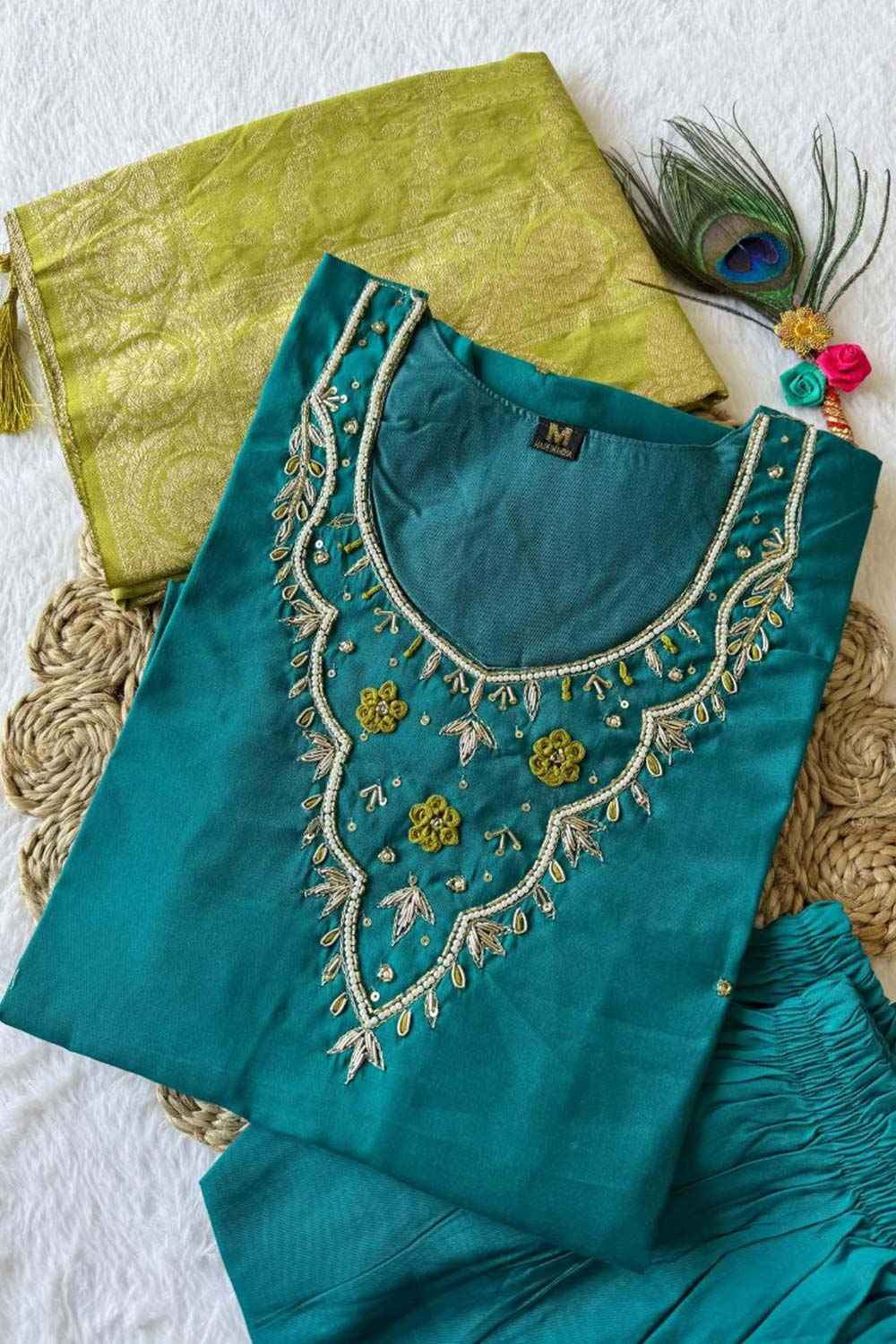 Blue Solid Embroidered Silk Kurta with Pant