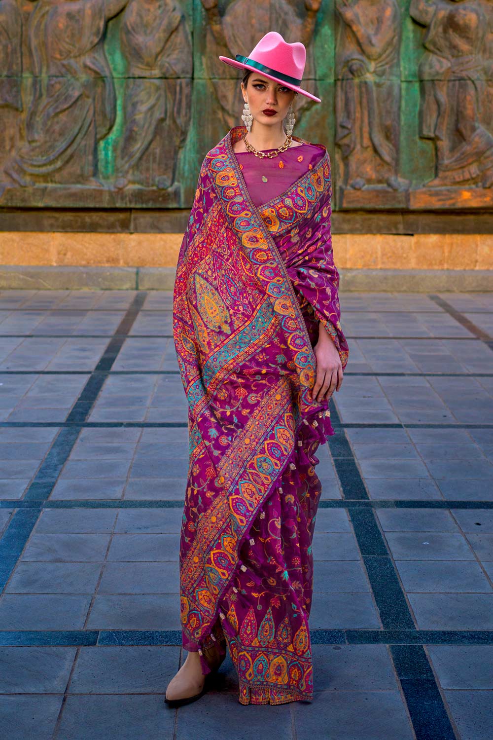 Kashneer Silk Wine Woven Handloom Saree