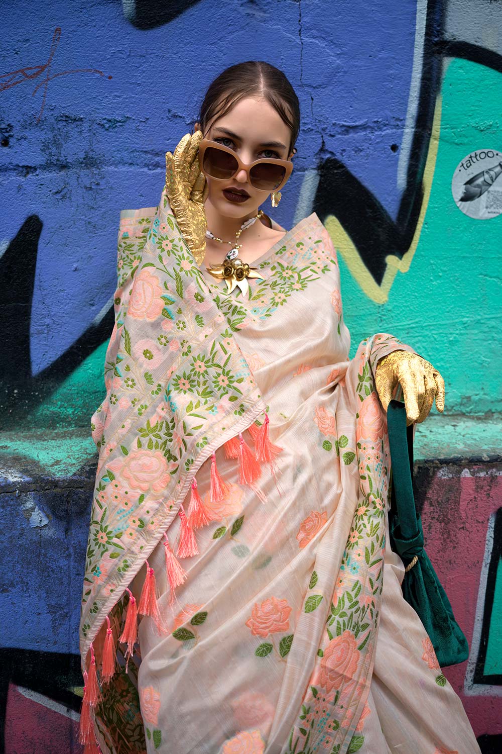 Krafitti Silk Beige Printed Saree