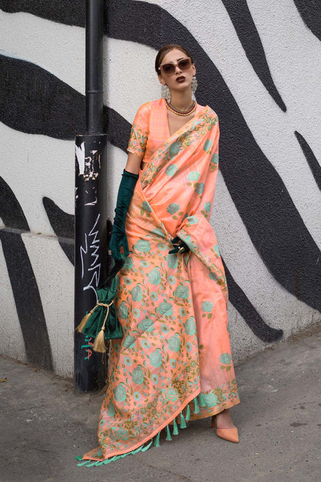 Krafitti Silk Orange Printed Saree