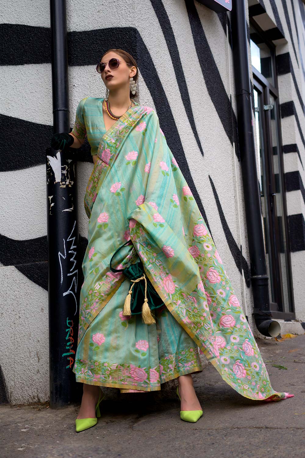 Krafitti Silk Green Printed Saree