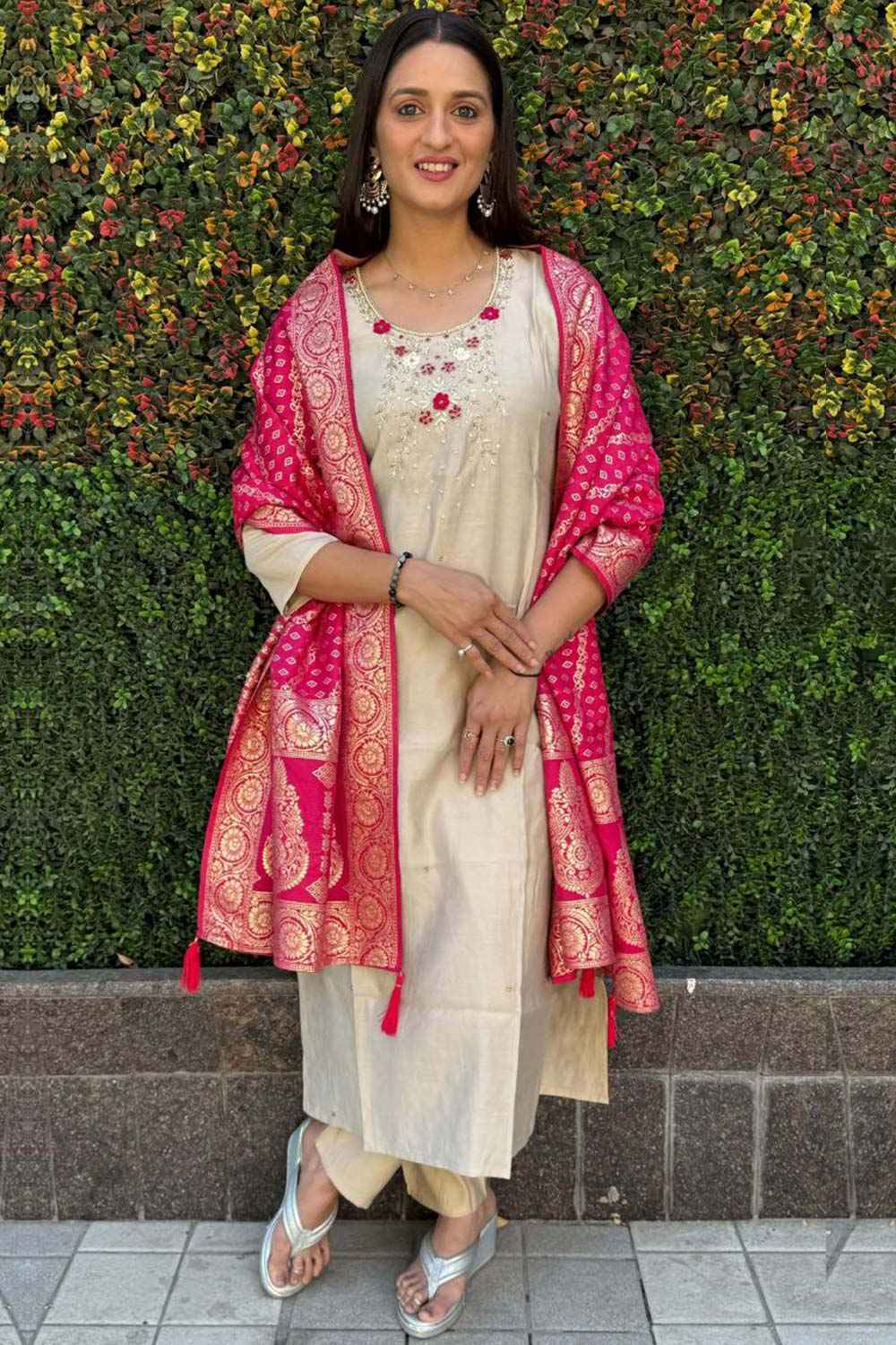 Beige Solid Embroidered Silk Kurta with Pant