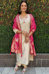 Beige Solid Embroidered Silk Kurta with Pant