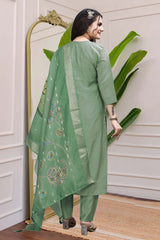 Green Solid Embroidered Silk Kurta with Pant