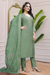 Green Solid Embroidered Silk Kurta with Pant