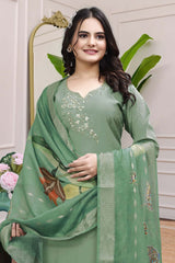 Green Solid Embroidered Silk Kurta with Pant