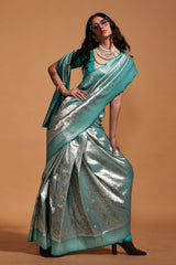 Kanjeepuram Silk Sea Green Woven Handloom Saree