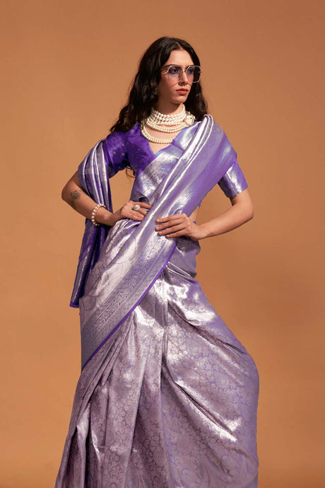 Kanjeepuram Silk Violet Woven Handloom Saree