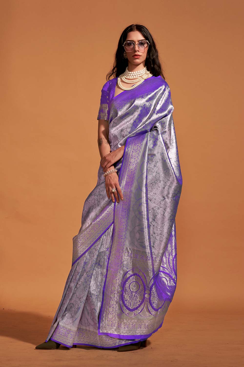 Kanjeepuram Silk Violet Woven Handloom Saree