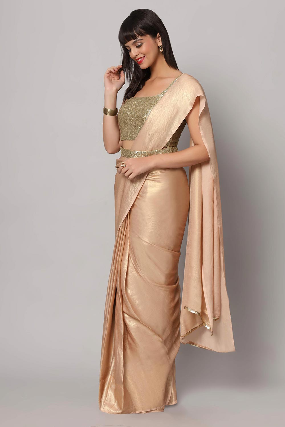 Meera Peach & Gold Shimmer Georgette Ready To Wear Saree