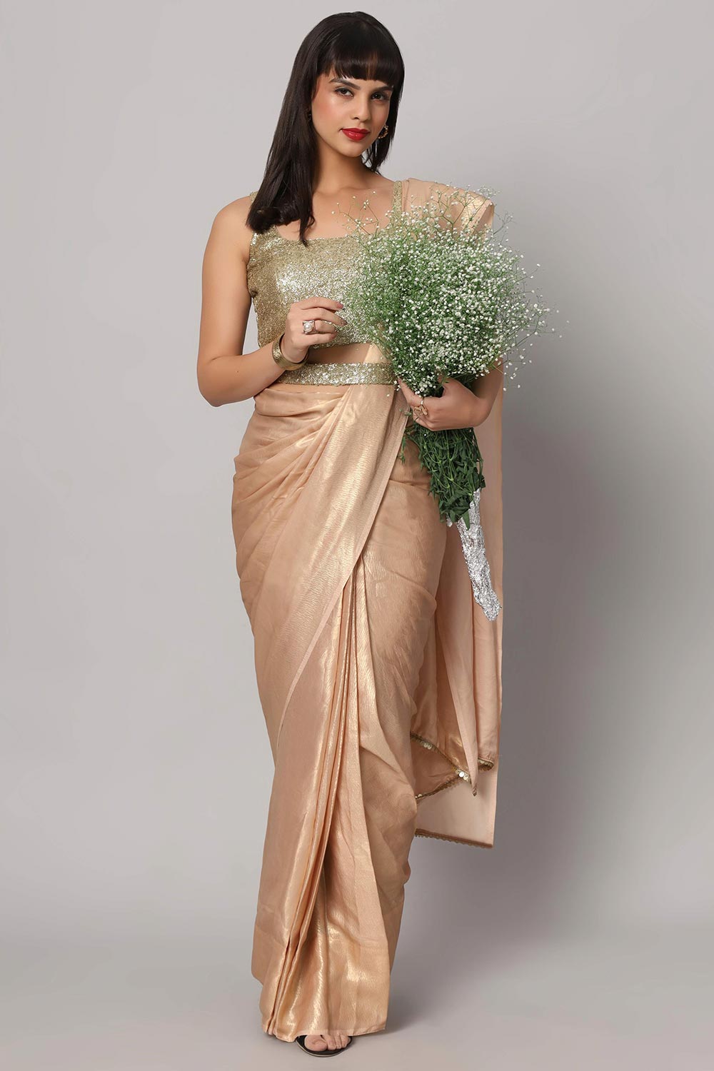 Meera Peach & Gold Shimmer Georgette Ready To Wear Saree