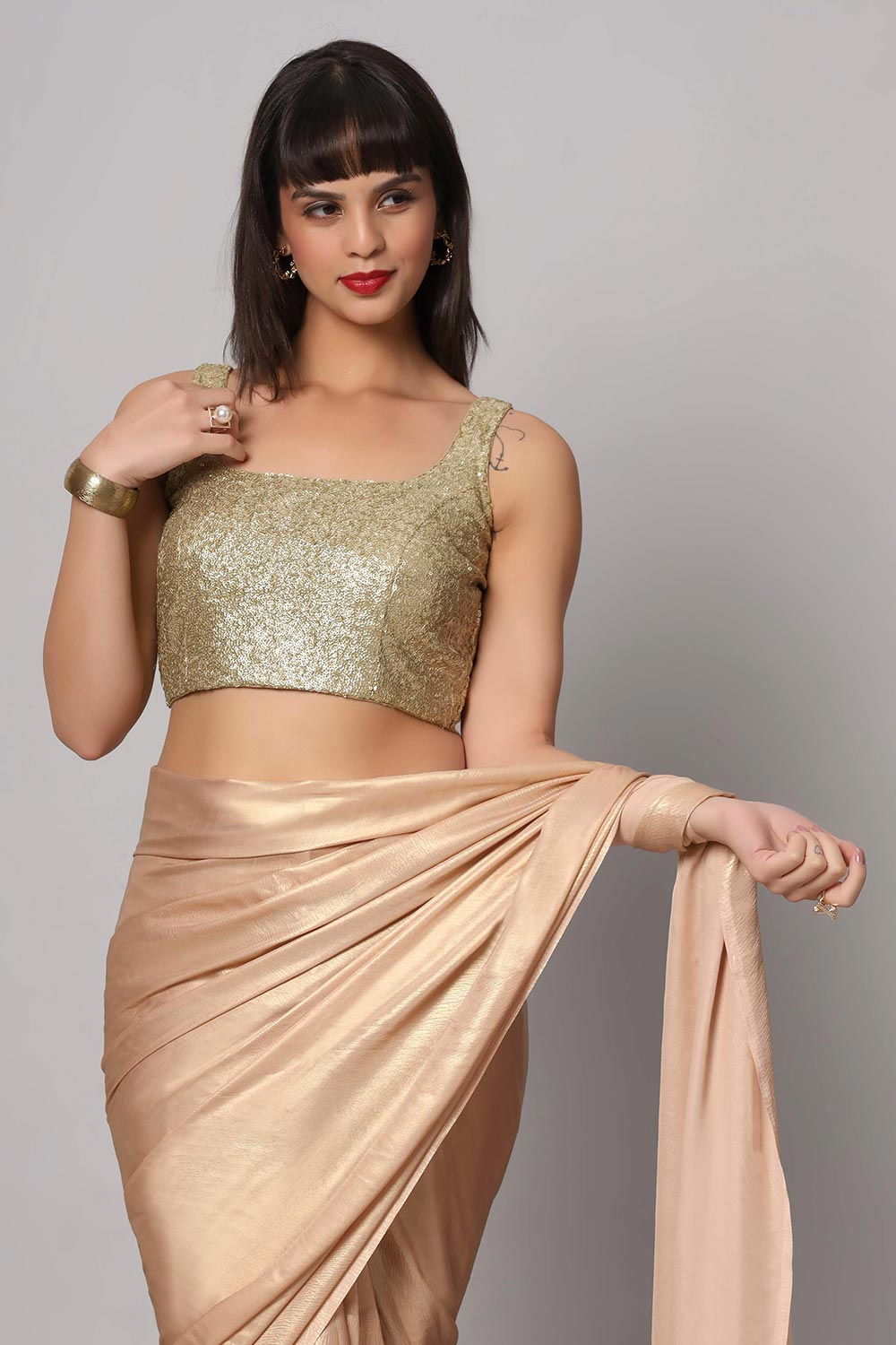 Meera Peach & Gold Shimmer Georgette Ready To Wear Saree