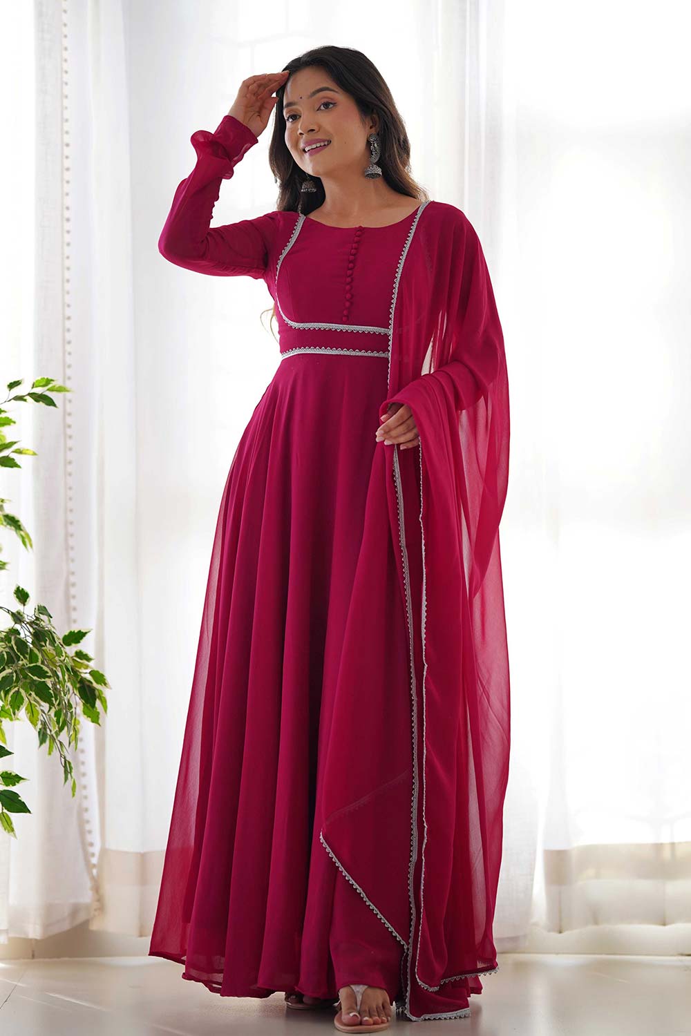 Pink Georgette Plain Full Sleeves Anarkali Suit Set