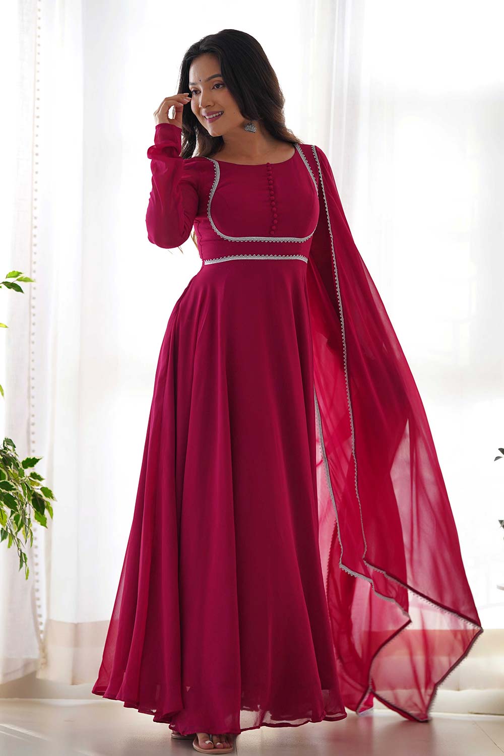 Pink Georgette Plain Full Sleeves Anarkali Suit Set