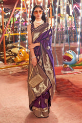 Karnival Silk Wine Woven Handloom Saree