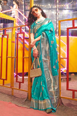 Karnival Silk Teal Woven Handloom Saree