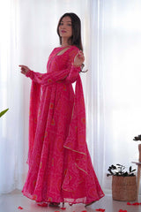 Pink Chiffon Bandhani Full Sleeves Anarkali Suit Set