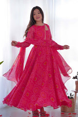 Pink Chiffon Bandhani Full Sleeves Anarkali Suit Set