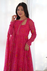 Pink Chiffon Bandhani Full Sleeves Anarkali Suit Set