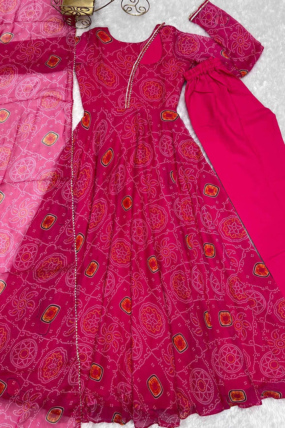 Pink Chiffon Bandhani Full Sleeves Anarkali Suit Set