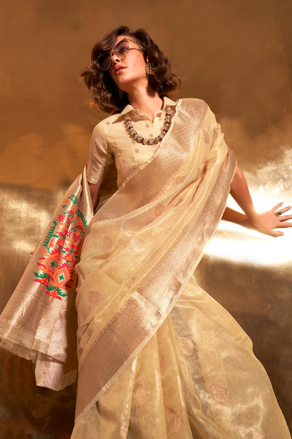 Korra Tissue Beige Printed Saree