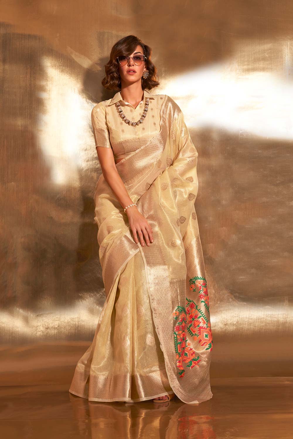 Korra Tissue Beige Printed Saree