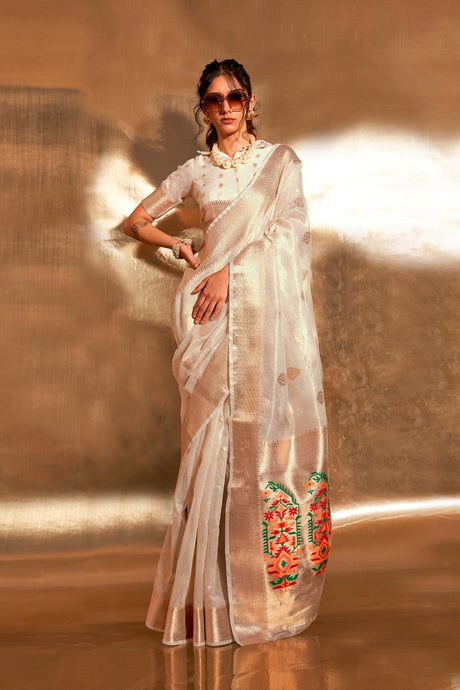 Korra Tissue White Printed Saree