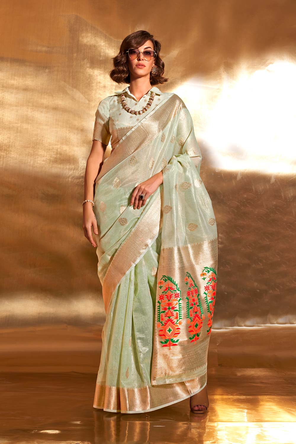 Korra Tissue Blue Printed Saree