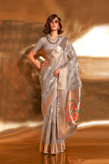 Korra Tissue Grey Printed Saree