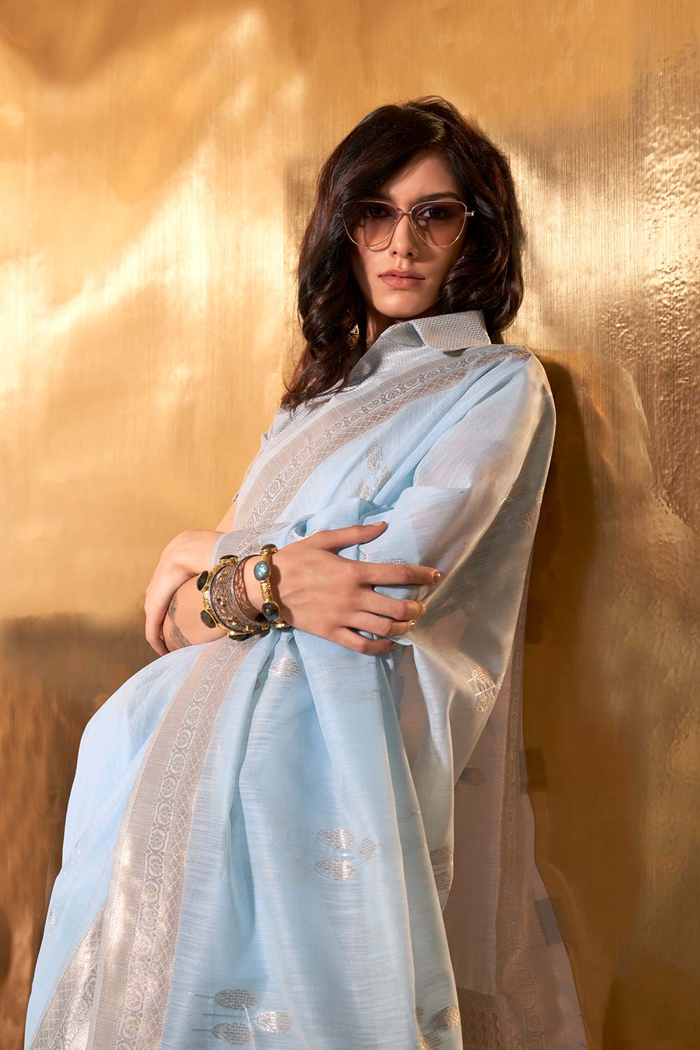 Kelly Linen Blue Woven Saree