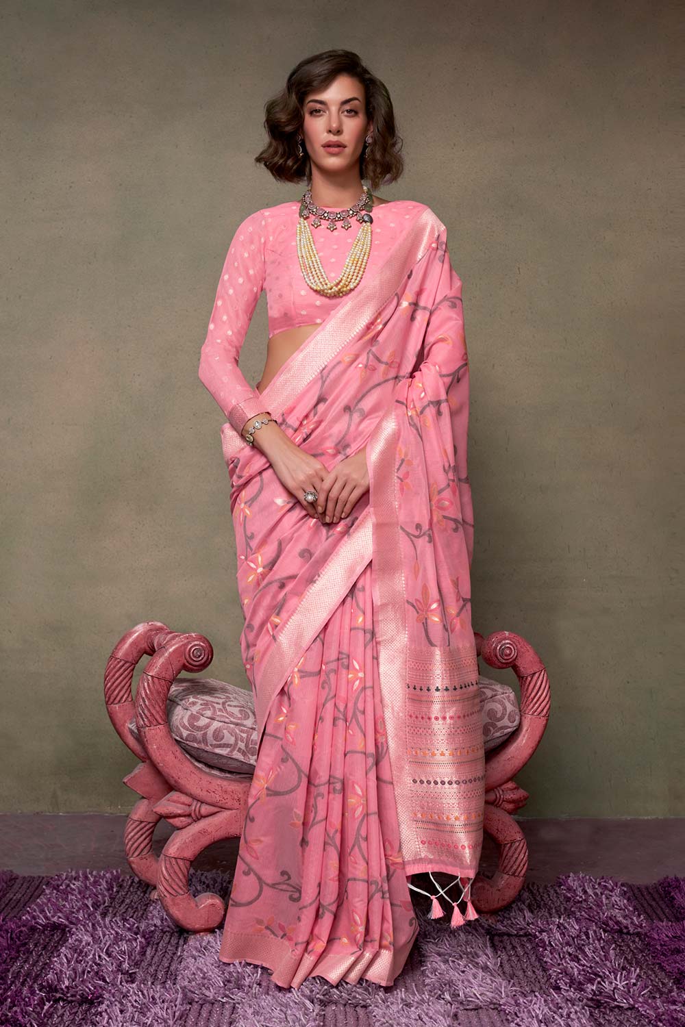 Kamdani Pink Jamdani Woven Handloom Saree