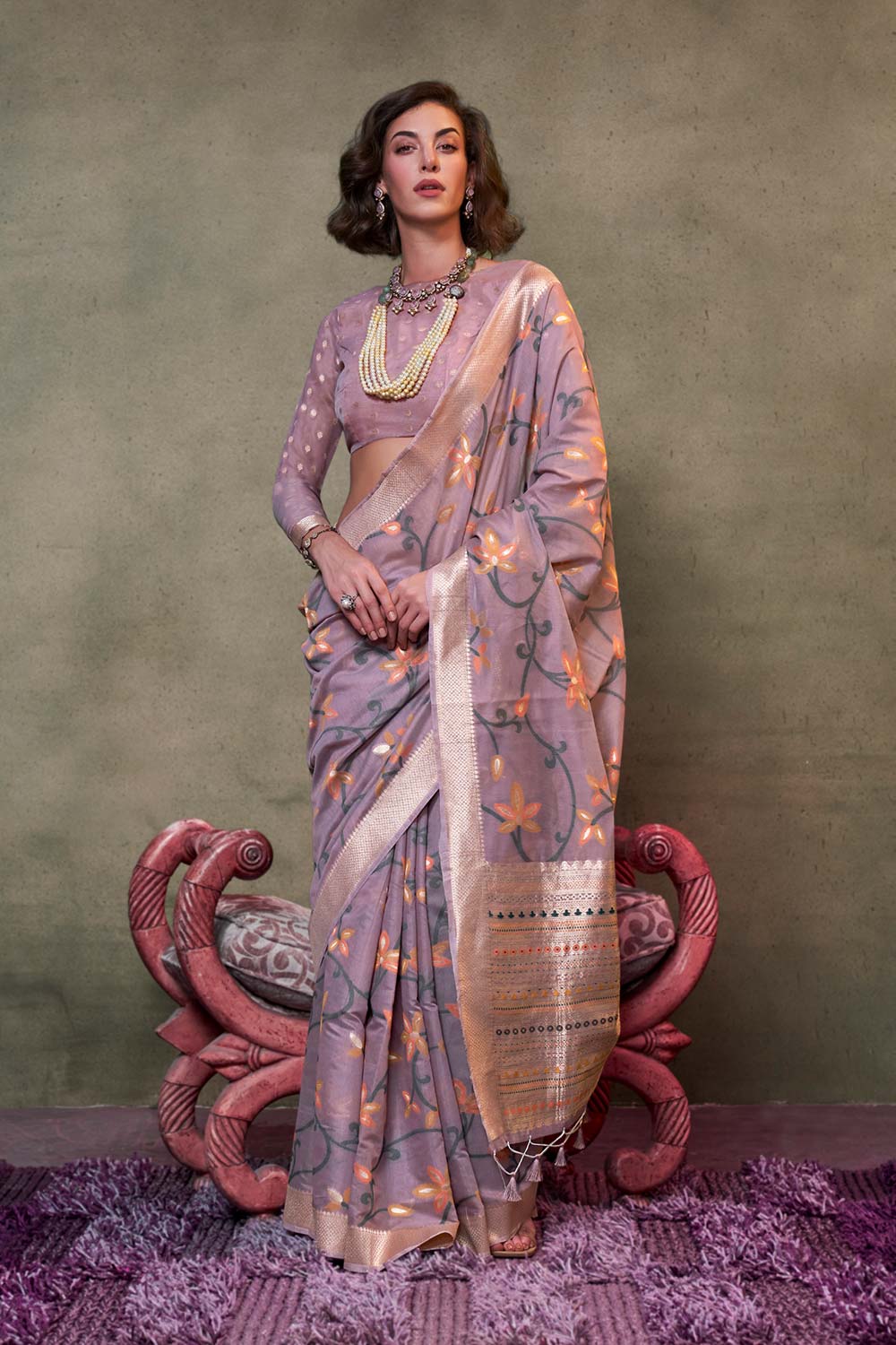 Kamdani Mauve Jamdani Woven Handloom Saree