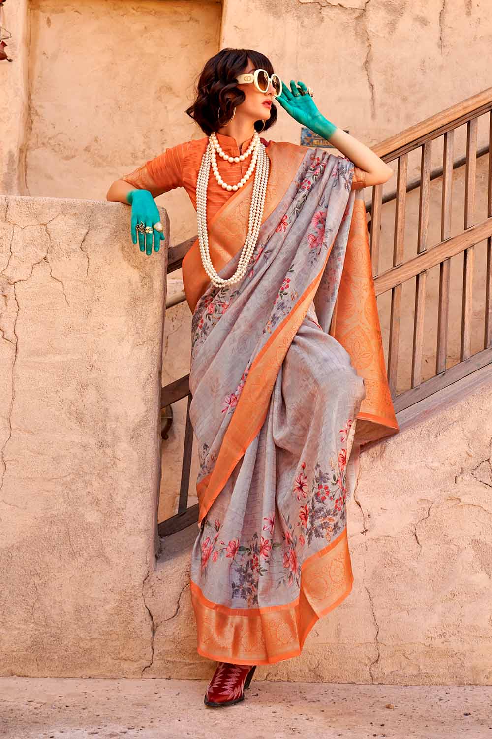 Grey and Orange Georgette Printed Saree