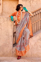 Grey and Orange Georgette Printed Saree