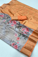 Grey and Orange Georgette Printed Saree