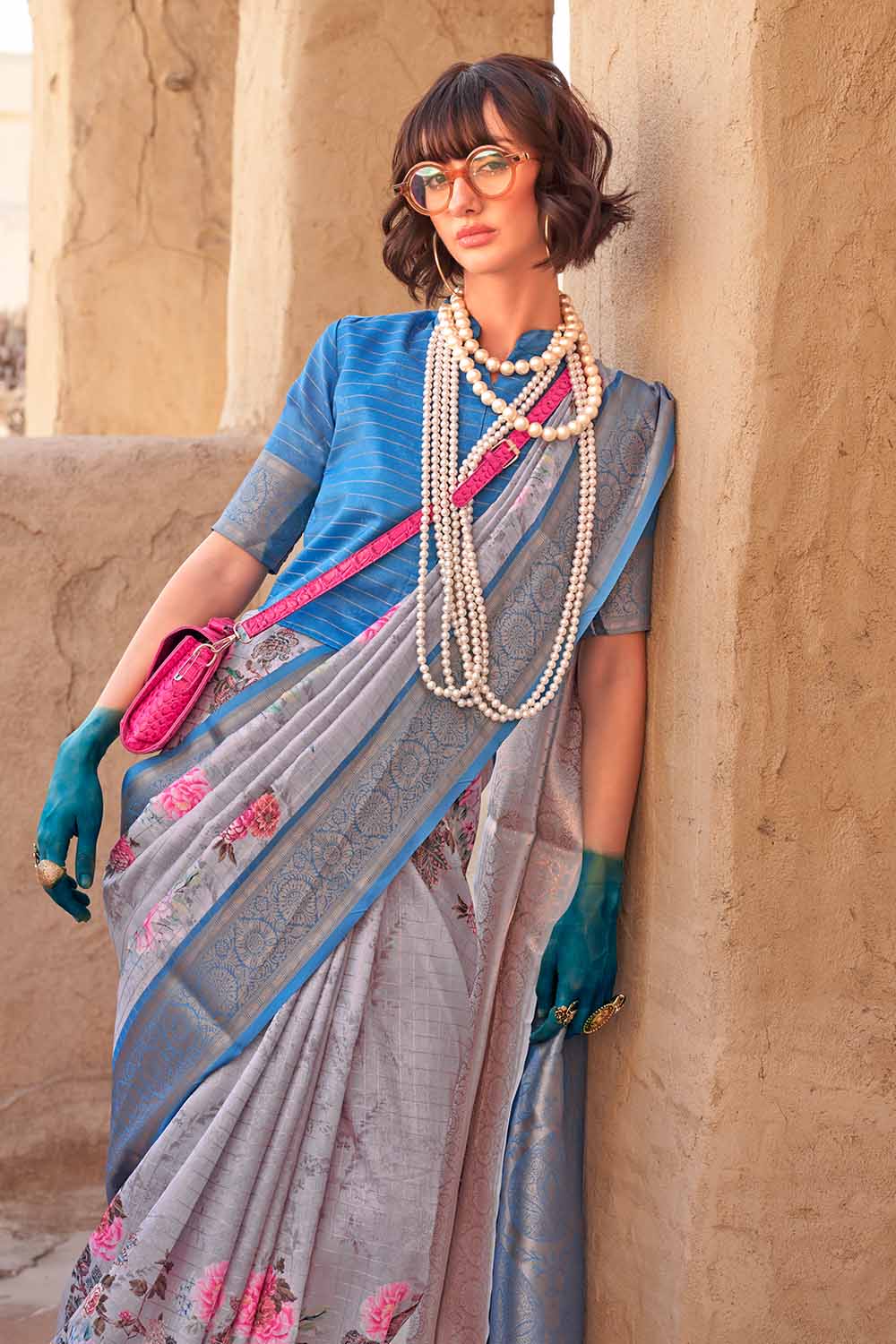 Grey Georgette Printed Saree