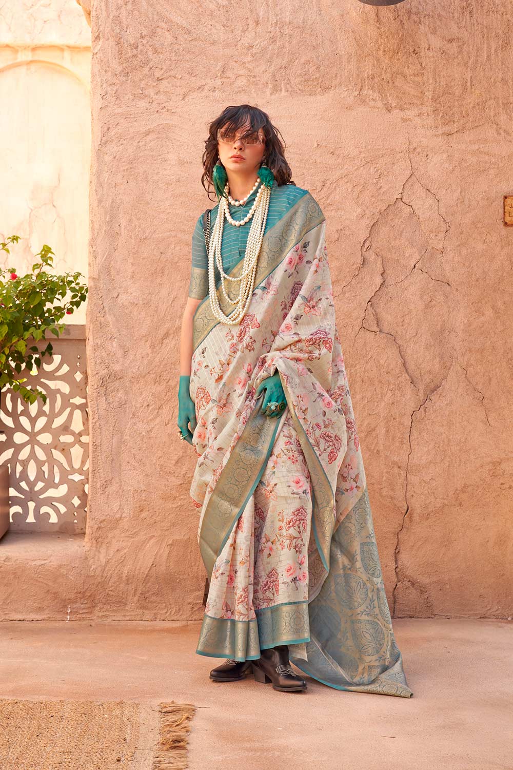 Off-White Georgette Printed Saree