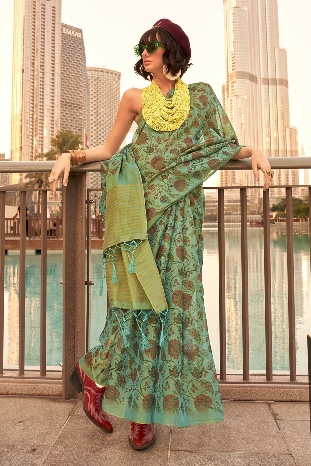 Keeyah Teal Tissue Printed Saree