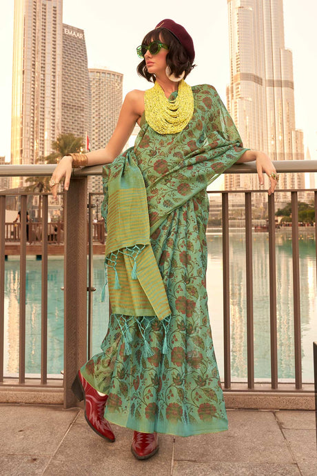 Keeyah Teal Tissue Printed Saree