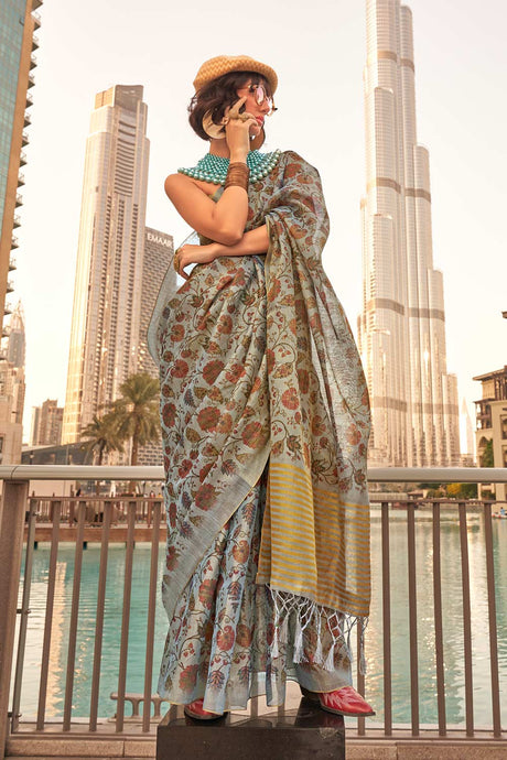 Keeyah Grey Tissue Printed Saree