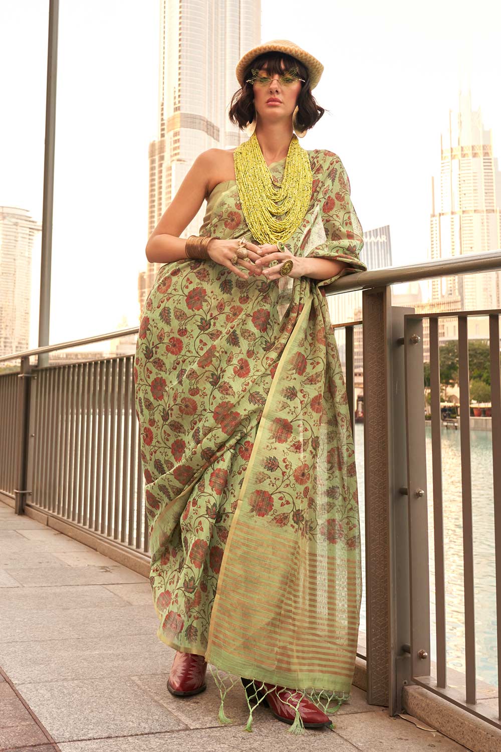 Keeyah Sage Tissue Printed Saree