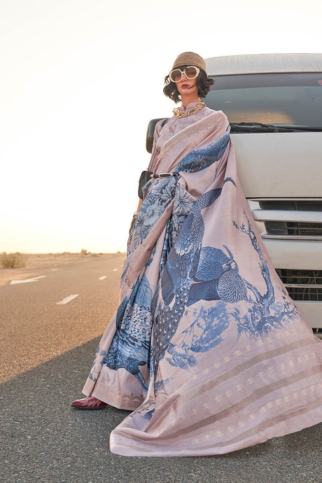 Kikigai White Silk Printed Saree