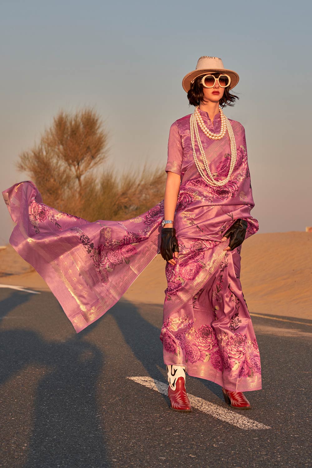 Kikigai Lavender Silk Printed Saree