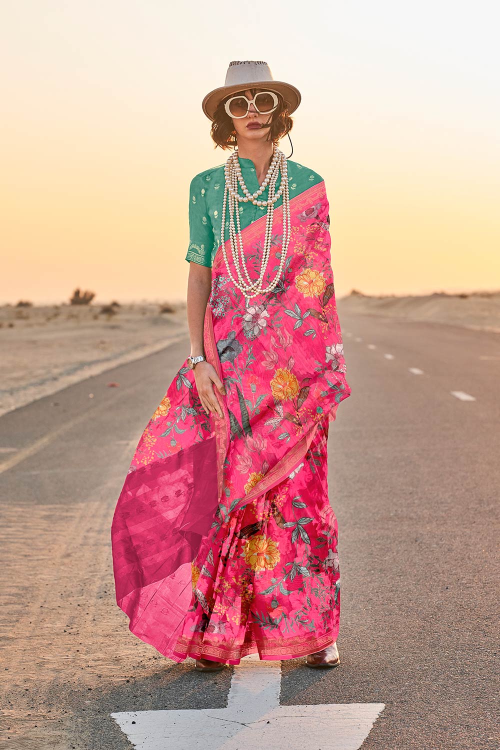 Kikigai Pink Silk Printed Saree