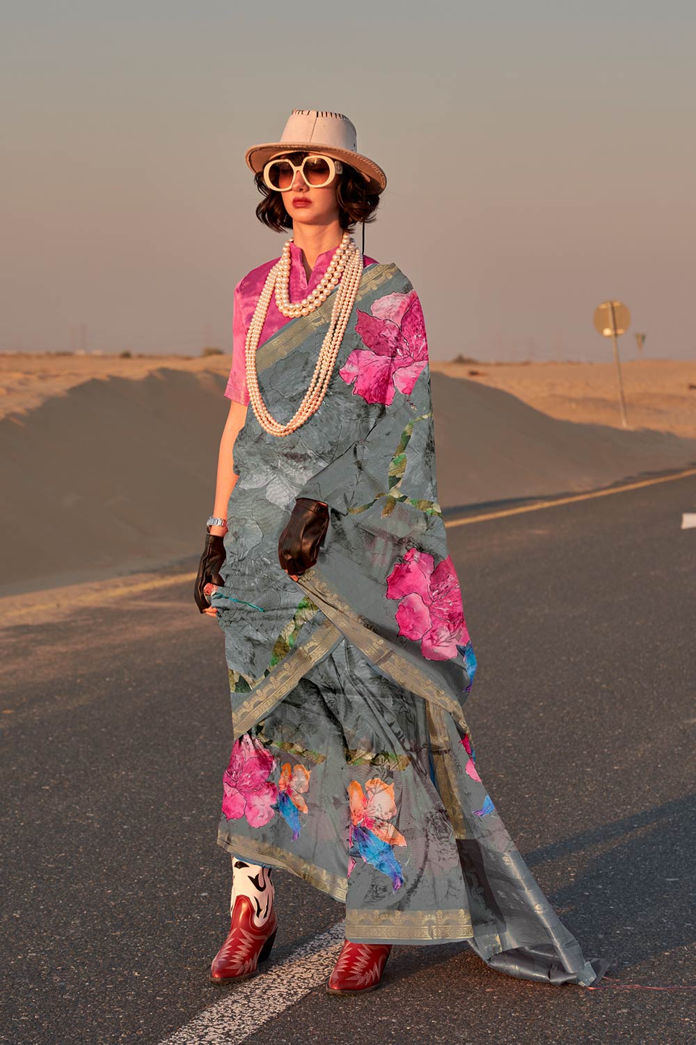 Kikigai Grey Silk Printed Saree