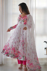 White Organza Floral Print Full Sleeves Anarkali Suit Set