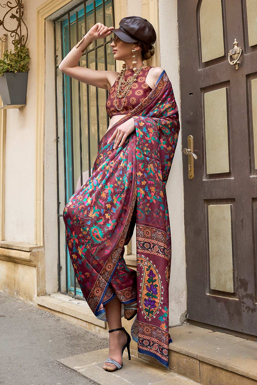 Kolumbus Burgundy Satin Printed Saree