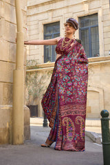 Kolumbus Burgundy Satin Printed Saree